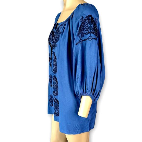 Solitaire Embroidered Oversized Tunic Top Bohemian Blouse Peasant Size L Blue - Picture 6 of 13